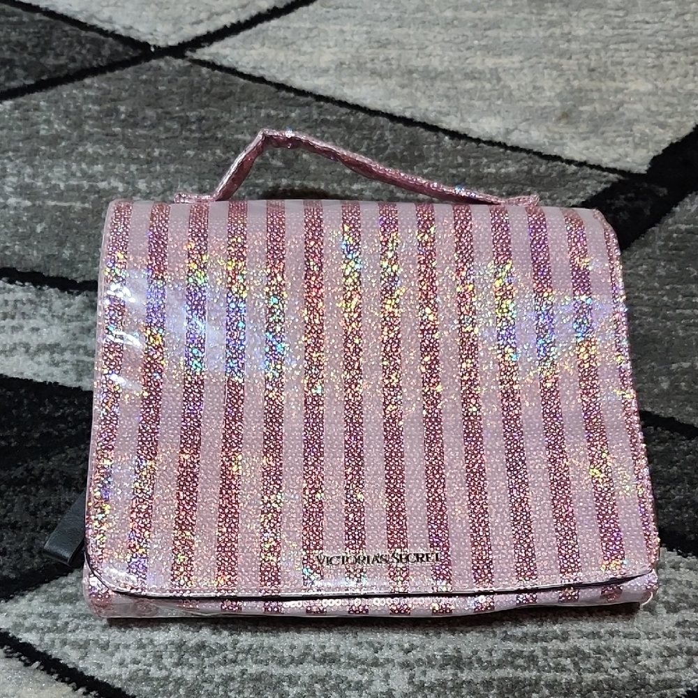 VINTAGE VICTORIA SECRET IRIDESCENT SEQUINS SIGNATURE STRIPE HANGING COSMETIC BAG